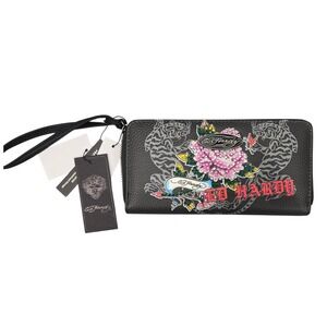 NWT Ed Hardy Black Vegan Leather Tiger Floral Rhinestone Zip Wristlet Wallet